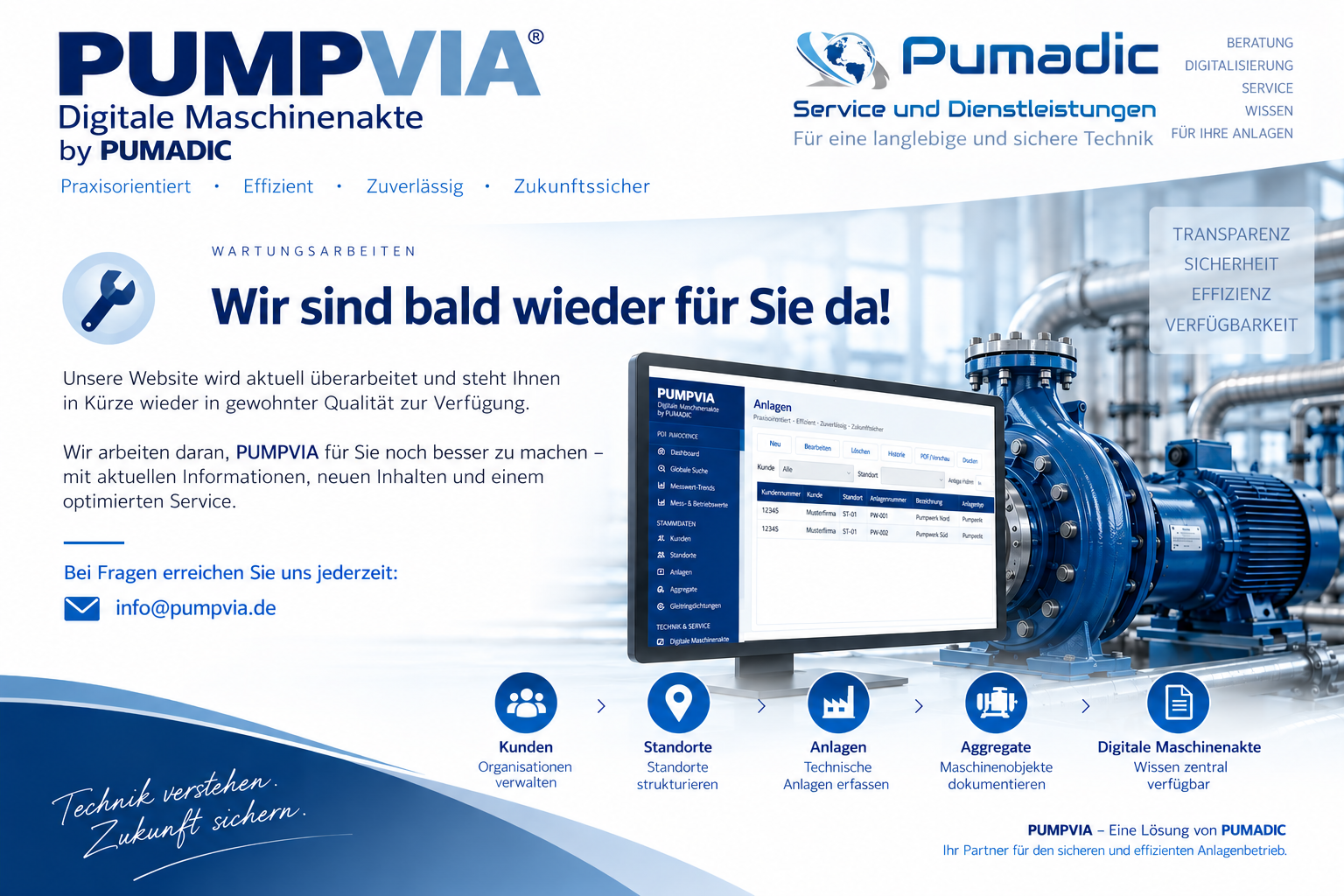 PUMPVIA – Digitale Maschinenakte. Wartungsarbeiten: Wir sind bald wieder für Sie da. Kontakt: info@pumpvia.de